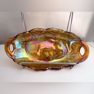 Iridescent Amber Carnival Glass Floral Serving Platter